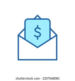 Envelope With Payment Bill Linear Icon. Dollar Bill Line Pictogram. Financial Reward, Payment And Transfer Icon. Opened Envelope With Money. Editable Stroke. Vector Illustration.