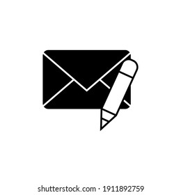 Envelope and pen icon   in solid black flat shape glyph icon, isolated on white background 