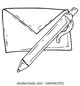 Envelope with pen icon. Vector illustration letter in envelope with pen. Hand drawn pen and envelope.