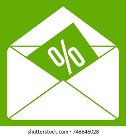 Envelope with percentage icon white isolated on green background. Vector illustration