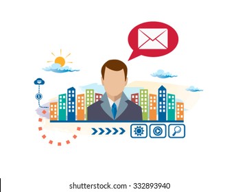 Envelope and person with bubbles for dialogue. Think and decide. Concept for business.