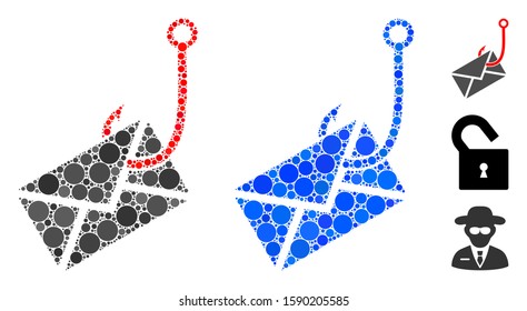 Envelope phishing hook composition of small circles in variable sizes and color tints, based on envelope phishing hook icon. Vector filled circles are united into blue composition.