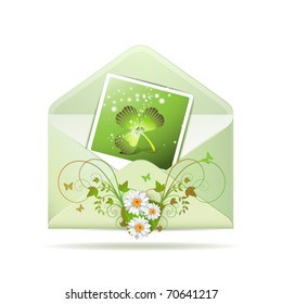 Envelope with photo and clover  for  St. Patrick's Day, icon, item isolated on white background