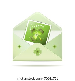 Envelope with photo and clover  for  St. Patrick's Day, icon, item isolated on white background