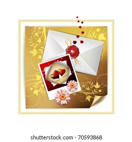 Envelope and photo with hearts over decorated gold paper