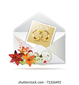 Envelope with photo of two wedding ring, isolated on white background