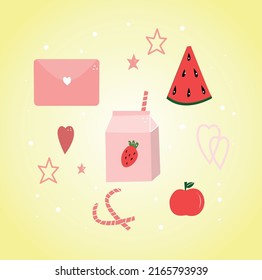 an envelope, a piece of watermelon, strawberry yogurt, an apple, straws for drinks, hearts and stars in delicate pink shades. perfect for stickers and backgrounds