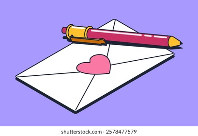 Envelope with a pink heart seal and a red pen placed on top. Bold colors on a purple background. Concept of love letters, communication, and messages. Vector illustration