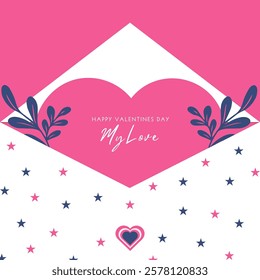 Envelope and pink hearts on pink holiday vector background. for love romantic message in envelope. Flat lay composition.