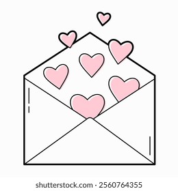 Envelope with pink hearts. Valentines day design element. Outline color illustration, isolated on white background	