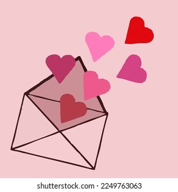 An envelope with pink and red hearts on a pink background. Place for text.