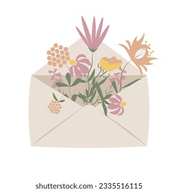Envelope with pink and yellow flowers, romantic gift, vector illustration