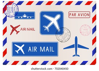 Envelope with plane stamps and signs. Vector illustration