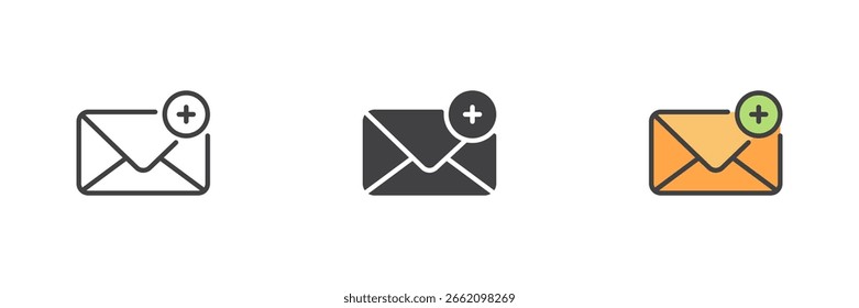 Envelope com ícone de sinal de adição definido em estilo de estrutura de tópicos sólido e preenchido. Representa a criação de um novo e-mail, adicionar e-mail ou compor o ícone de mensagem no formato vetorial.