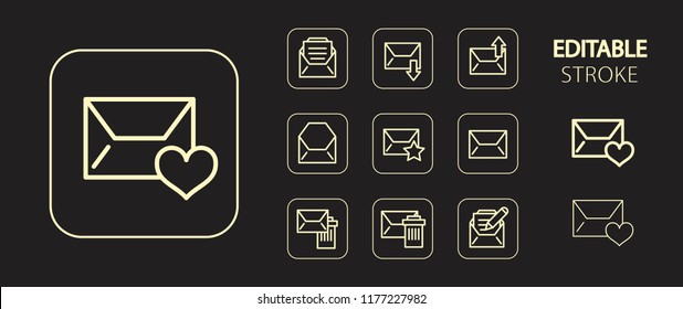 Envelope, Post Letter, Message, Mail, Email. Golden Icon Set. Simple Outline Web App Icons. Editable Stroke. Vector Illustration. 