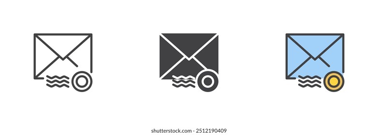 Envelope with post stamp different style icon set. Line, glyph and filled outline colorful version, outline and filled vector sign. Symbol, logo illustration. Vector graphics