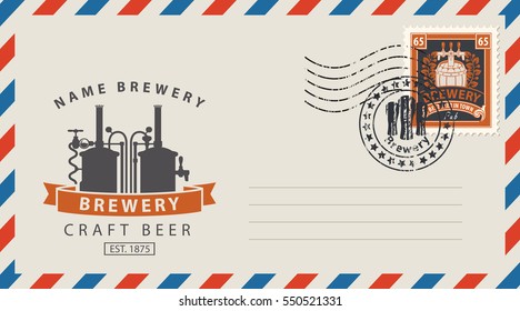 an envelope with a postage stamp for a beer pub with a vintage brewery