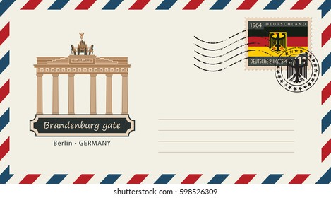 an envelope with a postage stamp with Berlin Brandenburg gate, and the flag of Germany