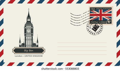 an envelope with a postage stamp with London Big Ben, and the flag of United Kingdom