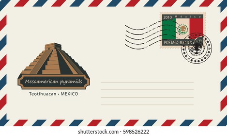 an envelope with a postage stamp with Mesoamerican pyramids, and the flag of Mexico