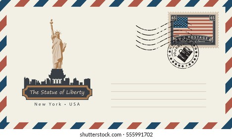 an envelope with a postage stamp with New York Statue of Liberty, and the flag of United States of America