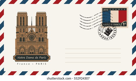 an envelope with a postage stamp with Notre Dame de Paris and the flag of France