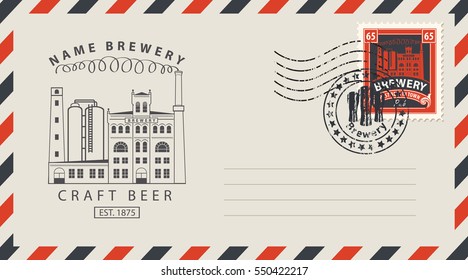 an envelope with a postage stamp for a pub with a vintage building brewery