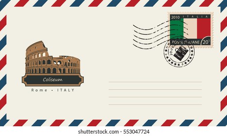 an envelope with a postage stamp with Roman Coliseum, and the flag of Italy