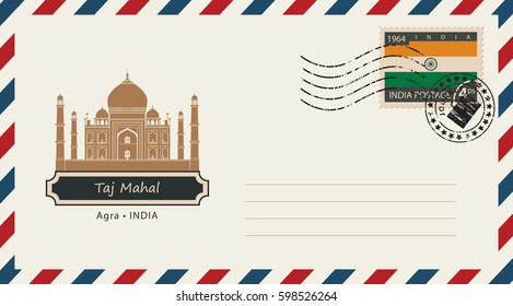 an envelope with a postage stamp with Taj Mahal, and the flag of India
