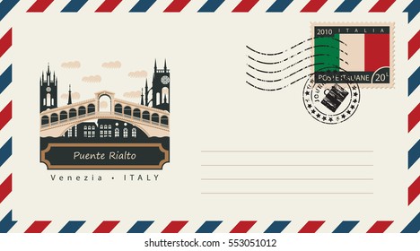 an envelope with a postage stamp with Venice Puente Rialto, and the flag of Italy