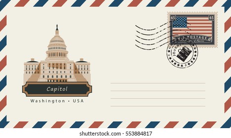 an envelope with a postage stamp with Washington Capitol, and the flag of United States of America