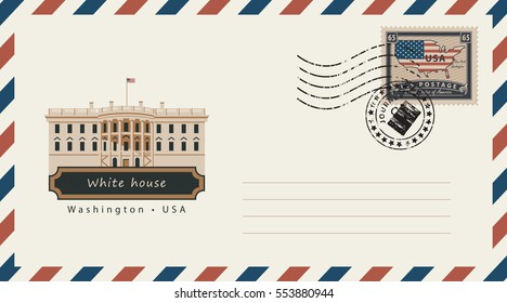 an envelope with a postage stamp with Washington White House, and the flag of United States of America