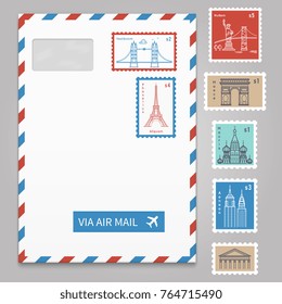 Envelope with postage stamps with line travelling city national landmarks. Vector illustration