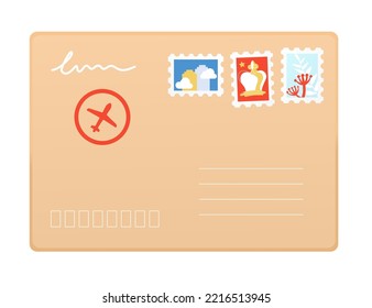 Envelope with postage stamps - modern flat design style image. Neat detailed illustration of paper message ready to go to the addressee. Big news, old school sealed beige letter, airmail idea