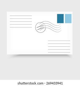 Envelope with postal stamp isolated on white background.