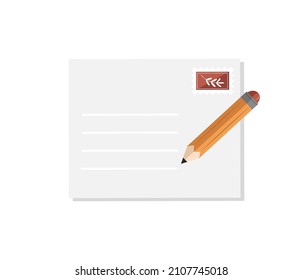 Envelope with postal stamp and pencil template with place for text, flat design isolated vector illustration