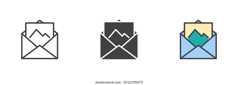 Envelope with postcard different style icon set. Line, glyph and filled outline colorful version, outline and filled vector sign. Symbol, logo illustration. Vector graphics