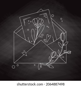 Envelope with postcard, flowers and hearts. Holiday package. Vector illustration in sketch style.