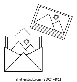 Icono de postal sobre sobre. Ilustración vectorial. imagen de stock.