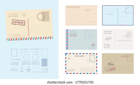 Envelope postcard template set. Stylish card greeting stamps postal services red blue frame fast delivery air ships retro design empty blank graphic template active old school. Delivery vector.