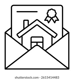 Envelope with purchase contract thin line icon, housing market concept. Vector graphics. Letter and building sale, paperwork sign on white background, linear style for mobile or design