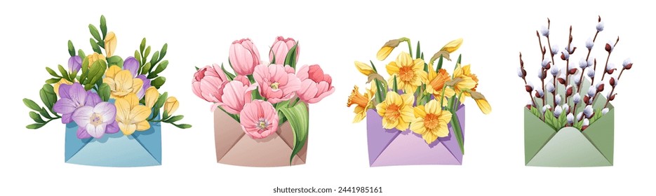 Envelope with pussy willow, tulips, daffodils and freesia on an isolated background. Spring illustration. Happy Easter! Delicate bouquet for decoration, design, cards, invitations, etc.