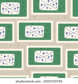 Envelope quilted seamless pattern. Christmas repeat background. Letter retro endless surface pattern post stamp design. Vector hand drawn illustration.
