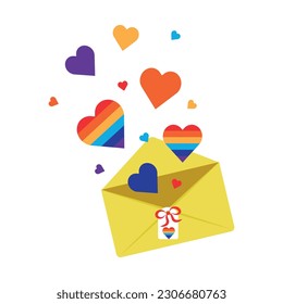 An envelope with rainbow hearts flying out of it