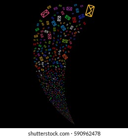 Envelope random fireworks stream. Vector illustration style is flat bright multicolored iconic symbols on a black background. Object fountain combined from scattered symbols.