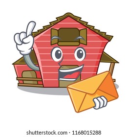 With envelope a red barn house character cartoon