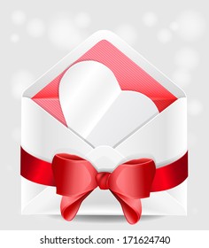 Envelope with red bow and paper heart. Valentine