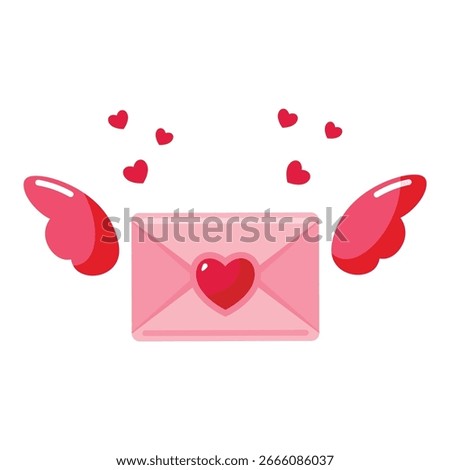Envelope and red heart with cute wings, top view. Valentine's Day celebration, vector illustration