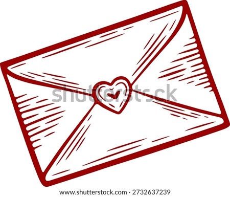 Envelope with a red heart seal, Valentine's Day cards, love letter, and romantic design, engraving hand drawn illustration black white isolated vintage line art sketch silhouette graphic style poster label web