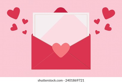 Sobre y corazones rojos en la vista superior del fondo del vector de vacaciones rosa. Diversos corazones rojos para el mensaje romántico amoroso en el sobre. Composición plana.